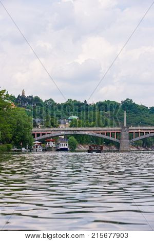 Jirasek Bridge over Vltava River in Prague of Czech Republic
