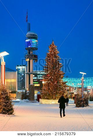 Lordi Square And People In Winter Rovaniemi At Night