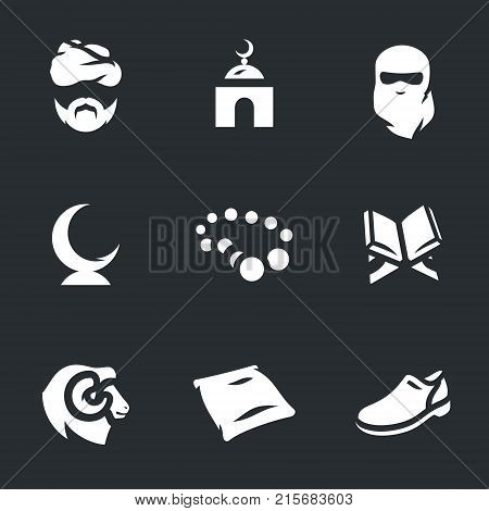 Imam, mosque, woman, crescent, rosary, koran, ram, carpet, shoes.