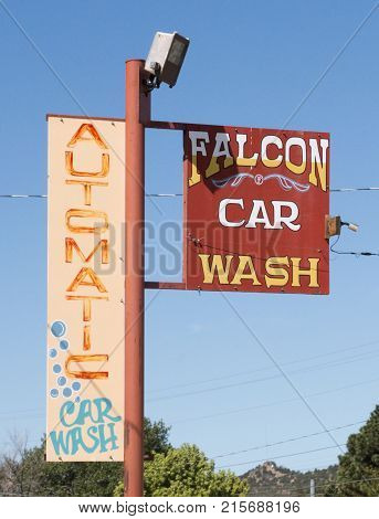 Walsenburg CO/USA - September 8 2016: The sign of Falcon Car Wash in Walsenburg Colorado.