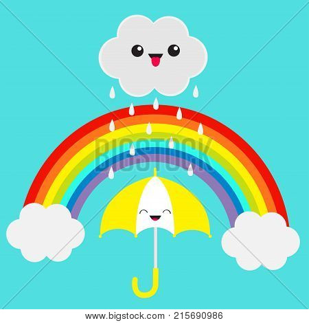 Rainbow. Smiling laughing umbrella. Cute cartoon kawaii cloud with rain drops. Showing tongue emotion. Eyes and mouth. Blue sky background. Baby funny character emoji collection. Flat design. Vector