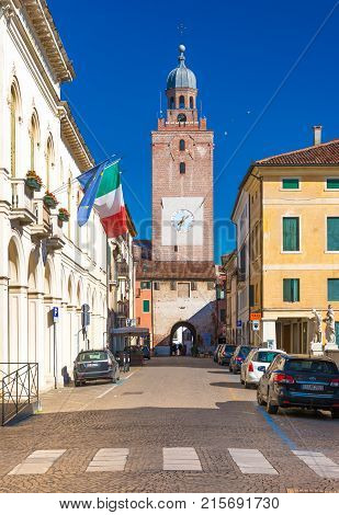 Castelfranco Veneto - February 2017, Italy: View of the Civic Tower (Torre Civica) and surroundings