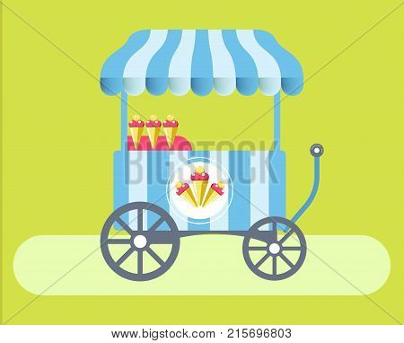 Ice cream cart with striped tent on green meadow. Portable counter on big wheels with delicious cold desserts in cone waffles cartoon flat vector illustration. Mobile shop with tasty sweet treats.