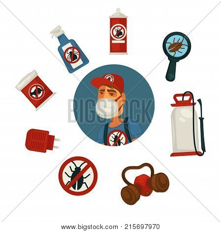 Annoying harmful insects extermination promo poster with special worker in mask and uniform, liquid chemical means, magnifier with bug, electric device and special gas cylinder vector illustrations.