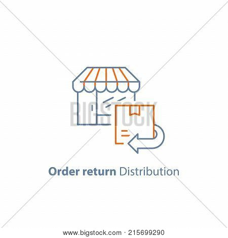 Return order box back to shop, parcel pick up point, warranty replacement concept, distribution services, delivery purchase, vector line icon, thin stroke