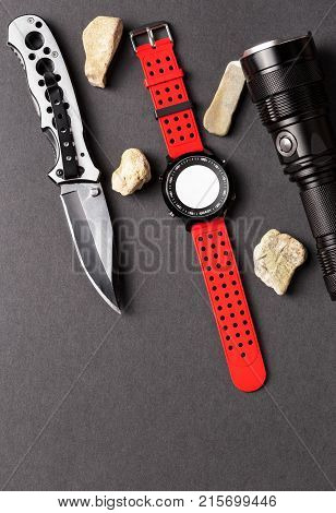 Adventure objects on black background Useful for adventure military hunting outdoor protection security background presentation