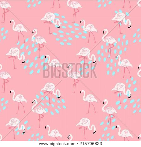 Vector seamless pattern with flamingo and flowers on the blue background