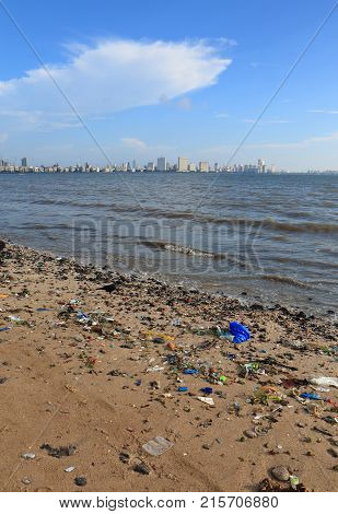 Mumbai India - October 12, 2017: Rubbish Scattered In Chowpatty Beach Mumbai.