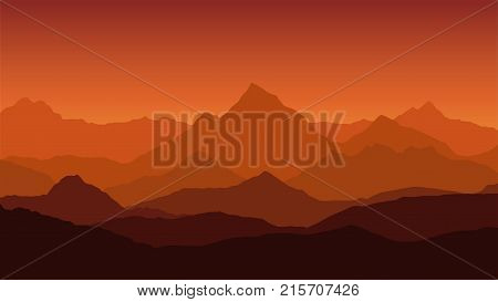 panoramic view of the mountain landscape with fog in the valley below with the alpenglow orange sky and rising sun - vector
