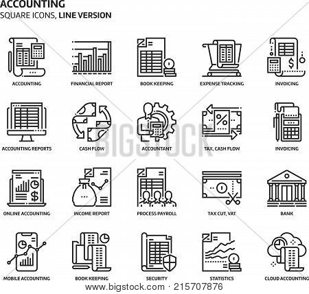 Accounting square icon set. The illustrations are a vector editable stroke thirty-two by thirty-two matrix grid pixel perfect files. Crafted with precision and eye for quality.