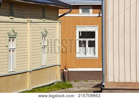 Traditional wooden houses facade in Rauma town. Finland heritage. Horizontal