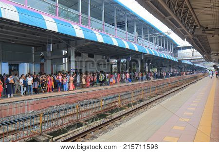 Mumbai India - October 14, 2017: Unidentified People Travel At Dadar Train Station In Mumbai.