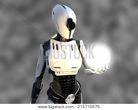 3D rendering of a female android robot holding a glowing sphere of energy or light in her hand against a gray background.