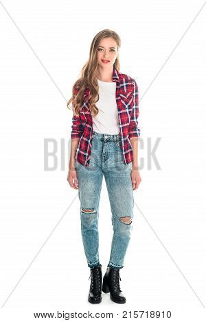 Girl In Checkered Shirt And Jeans