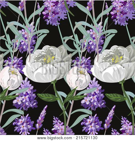 Lavender and peony with leaves seamless pattern on black background vector