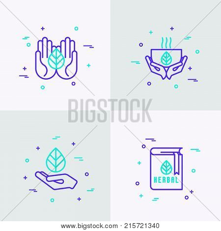 Herbal therapy thin line icons set: hands with leave, cup of tea, recipe book. Modern vector illustration.