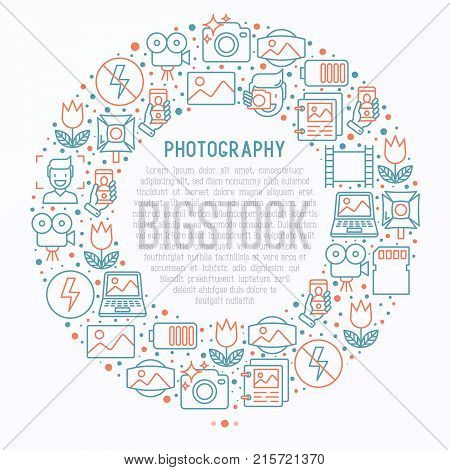 Photography concept in circle with thin line icons of photographer, film, crop, flash, focus, light, panorama. Vector illustration for banner, web page, print media.
