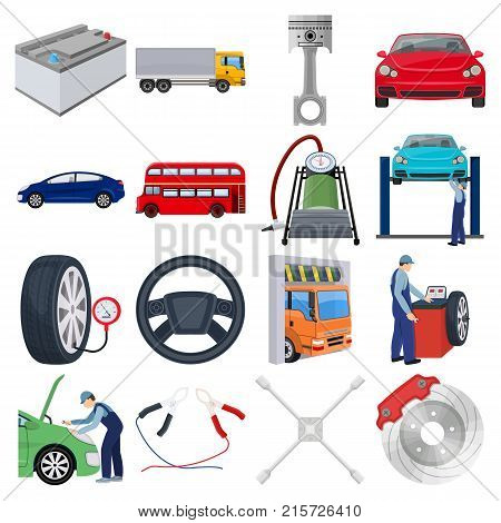 Car, lift, pump and other equipment cartoon icons in set collection for design. Car maintenance station vector symbol stock illustration .