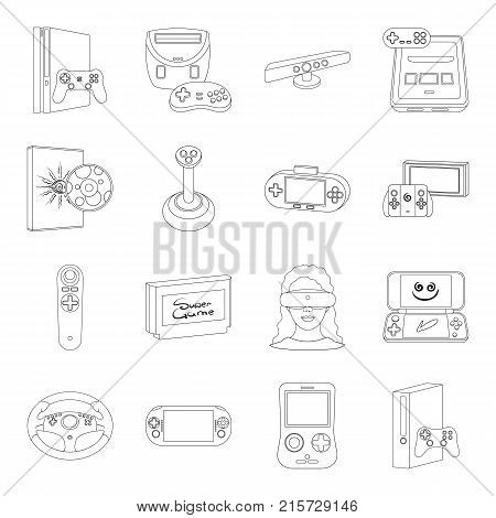 Game console and virtual reality outline icons in set collection for design.Game Gadgets vector symbol stock illustration.