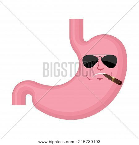 Stomach Cool Serious Emoji Face Avatar. Belly Smoking Cigar Emotions. Internal Organ Strict. Vector