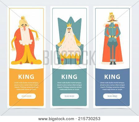 Set of vertical banners with different funny kings wearing golden crowns and mantles. Cartoon flat characters. Design for website, mobile app, card or poster. Vector illustration with place for text.