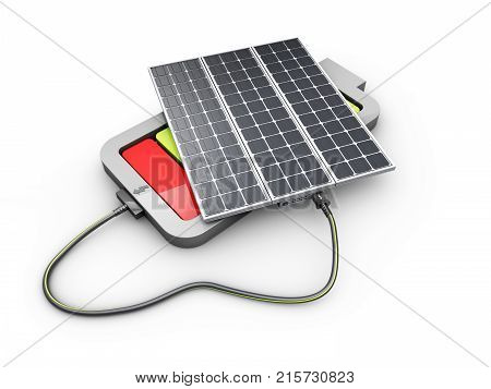 Sunbattery and battery. The design concept of solar energy. 3d illustration.