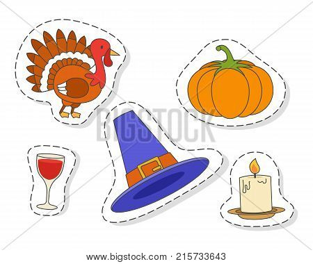 Thanksgiving day symbols stickers or icons set. Pumpkin, turkey, pilgrim hat, inflamed candle and glass of wine isolated flat vectors outlined with dotted line. Harvest festival elements collection