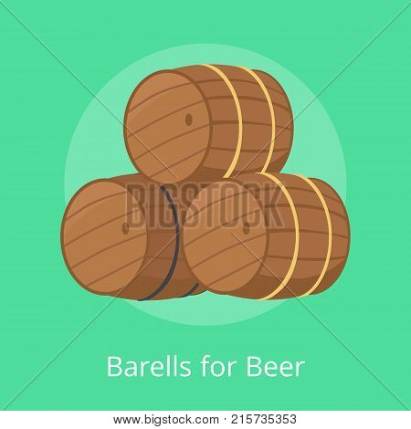 Barrels for beer vector illustration isolated on green. Three casks or tuns hollow cylindrical container, made of wooden staves bound by metal hoops