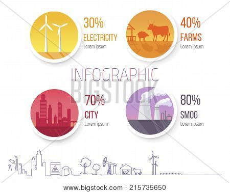 Electricity producing windmills, development of farming, building new cities and overpopulation, problem of smog vector illustration