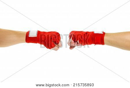 Hand In Red Boxing Bandages. Fist To Fist. Two Fists In Red Boxing Bandages. Sports Armband. Isolate