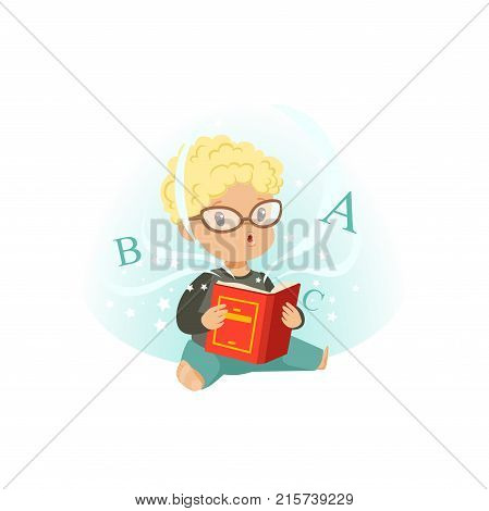 Adorable little boy sitting on floor surrounded by stars and reading educational magic book. Cartoon kid character in glasses. Flat vector illustration isolated on white. Design for card or sticker.