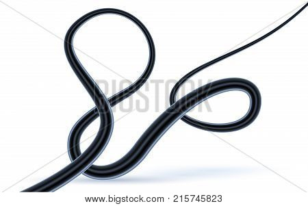 Flexible electrical Network wire isolated on white background. Curved power cable. Close-up of 3d coaxial cable section in black insulation. Vector illustration