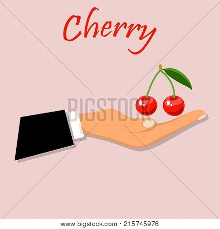 Colorful vintage Cherry label poster. Vector round label with yummy cherry on hand