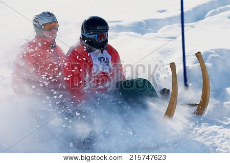 GRINDELWALD, SWITZERLAND - MARCH 07, 2009: Unidentified men ride traditional horn-sledge at 12-th annual Horn-Sledge Race from Alpiglen to Grund in Grindelwald, Switzerland.