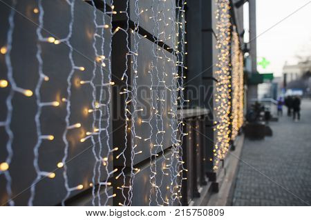 Christmas lights on the street in the cold