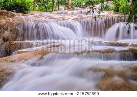 Mae Kae 2 (Kaofu) waterfall the Most Famous in Lampang Thailand. Beautiful silky waterfall flow through stones. Mountain stream running over rocks.