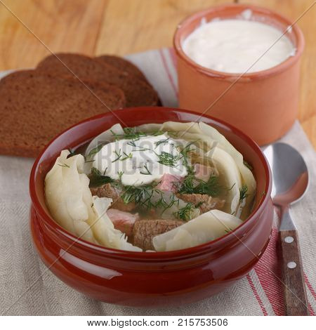 Lazy shchi, variation of traditional Russian cabbage soup with meat and sour cream