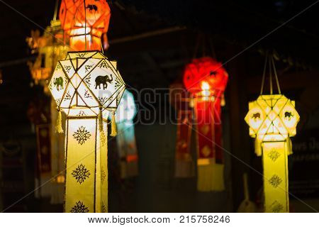 Hanging Lantern in Thai temple and Thai Home. Made from bamboo paper. Chiang Mai, Thailand Thai Lanna style, in northern Thai style lanterns