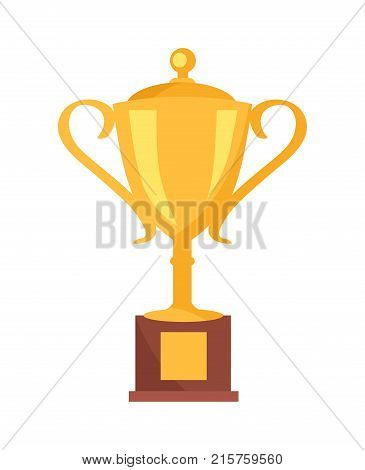 Golden cup prize icon isolated on white background. Vector illustration with shiny golden award for winner with wooden pedestal with sign