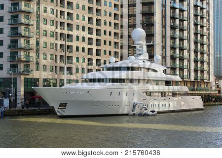 LONDON, UK - JANUARY 30, 2016: SuperYacht Ilona belonging to Frank Lowy moored in West India Dock in Canary Wharf, London