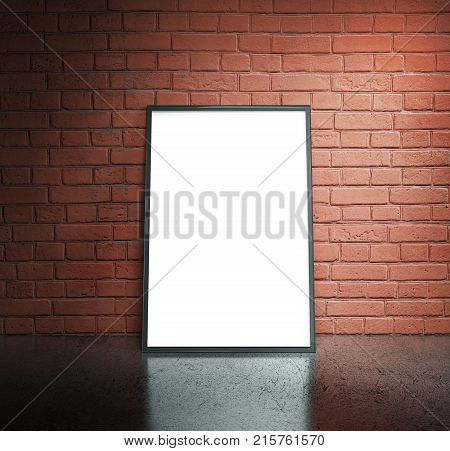 Blank white paper poster in black frame at red brick wall and concrete floor. Grungy interior poster mock up. Presentation for artwork. 3d rendering illustration