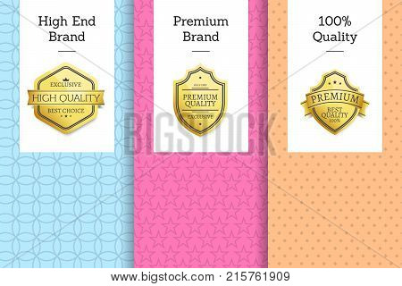 High end brand premium quality 100 award golden labels set of logos design on colorful posters with text vector illustrations on bright backgrounds