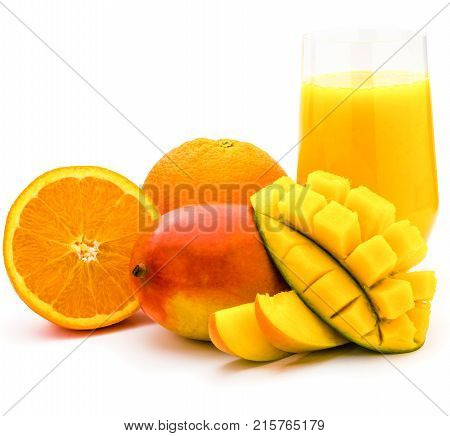 Mango orange smoothie drink in a glass. whole and sliced mango and orange isolated on a white background. product or package design element