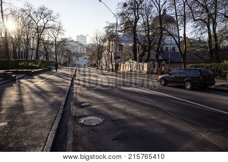 Quiet European street quiet sunny morning in the city