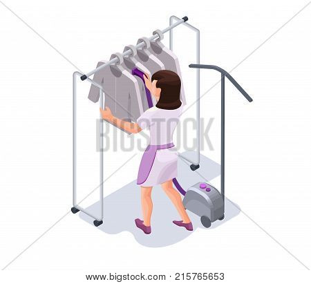 Steaming clothes with steamer, laundress or dry cleaners worker making clothes smooth with steam, isometric 3d vector illustration