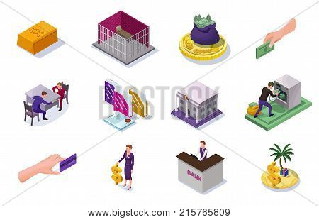 Money laundering and fraud isolated icons for infographics with criminal washing money, corruption concept, offshore, bank building, office people, coin, banknote, isometric vector illustration