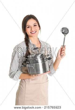 Young woman with stewpans and ladle, isolated on white