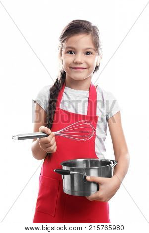 Cute girl with stewpan and whisk, isolated on white