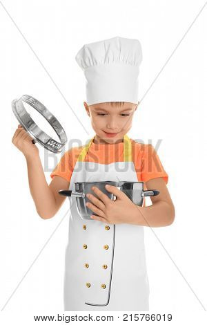 Cute boy in chef uniform with stewpan, isolated on white