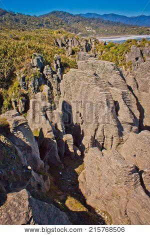 Famous Punakaiki rocks destination in South island of New Zealand